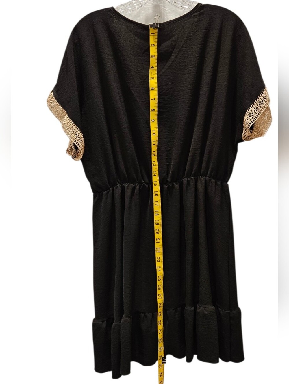 SHEIN Women's XL Black Boho Babydoll Dress with Cream Crochet V-Neck and S/S - Picture 8 of 11